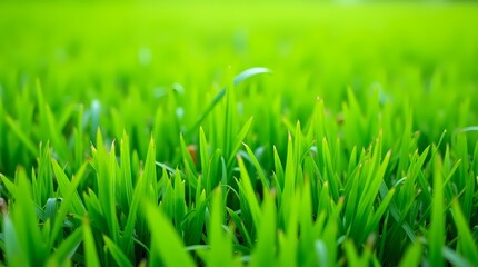 Fototapeta premium Green lawn with fresh grass outdoors, ground level perspective