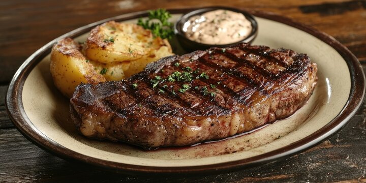 Deliciously cooked rib eye steak presented on a plate, accompanied by a perfectly baked potato and garnished with parsley for an inviting and appetizing display of rib eye steak.