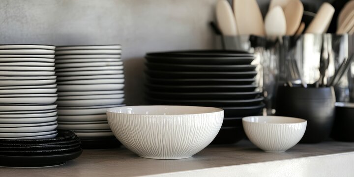 Sunlit white and black pottery dishes create a striking visual contrast, highlighting the elegance of pottery. The white and black pottery dishes enhance any setting with their timeless appeal.