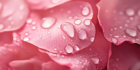 Fototapeta premium Macro shot of blurry pink rose petals adorned with water drops, creating a soft floral background. The delicate pink rose petals enhance the beauty of this fine floral display.