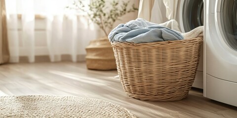 Wicker basket filled with laundry placed on the floor, showcasing the textures and natural elements of a wicker basket, perfect for organizing your laundry in a stylish manner.