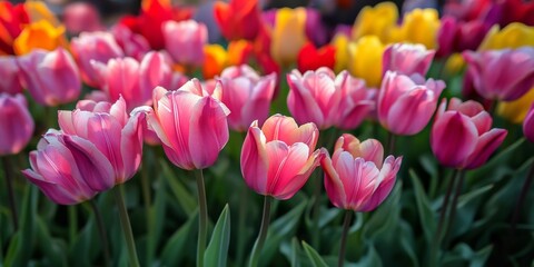 Fototapeta premium Vibrant and gorgeous colorful blooming tulip flowers create a delightful and attractive environment. The detail of the pink petals of these tulip flowers makes for a stunning background.