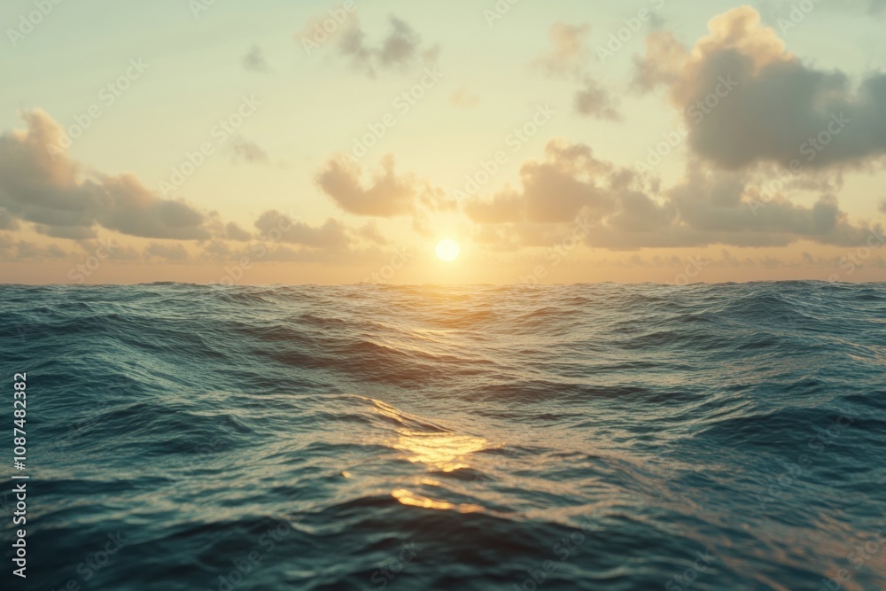 Poster a beautiful sunrise illuminates the ocean as gentle waves create a serene atmosphere in the early mo