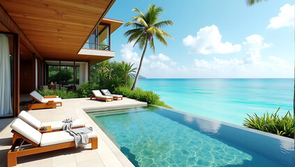 Fototapeta premium A luxurious oceanfront villa with an open-concept design, featuring a blend of natural wood and stone, an infinity pool overlooking the turquoise sea, and lush tropical landscaping.
