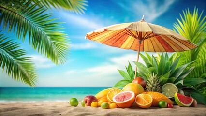 Tropical Beach Paradise An Umbrella Provides Shade Over a Delightful Spread of Fresh Fruit on a Sandy Beach, Under a Sunny Sky