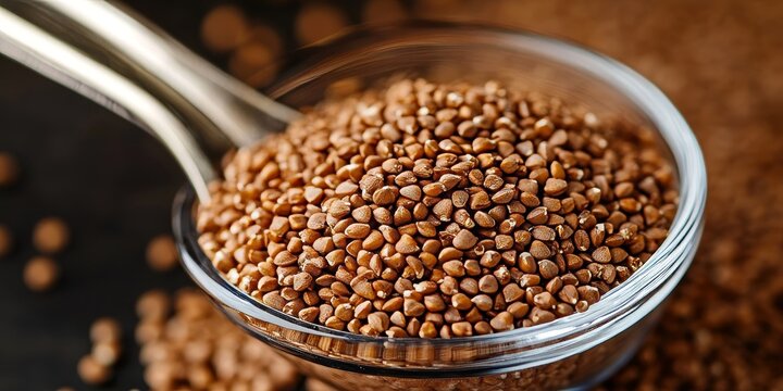 Brown buckwheat displayed in close up on a tablespoon within a glass, showcasing the unique texture and color of brown buckwheat, ideal for culinary and health related visuals.
