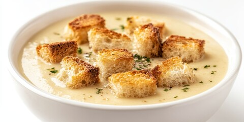 Creamy soup featuring croutons is beautifully presented against a white background, showcasing the delicious texture and flavor of the cream soup enhanced by the crispy croutons.