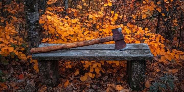 Rusty axe resting on a weathered wooden bench surrounded by vibrant autumn forest foliage, creating an intriguing atmosphere that highlights the beauty of the autumn forest setting.