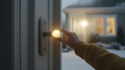 Naklejka premium Close-up of a hand reaching for a door handle with a bright light on the other side. 