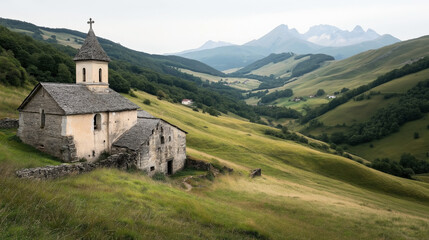 Fototapeta premium Stone chapel with a cross on a hillside surrounded by green valleys and distant mountains under an overcast sky