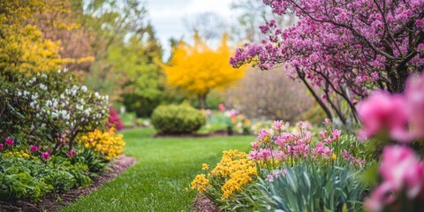 Fototapeta premium Stunning photo capturing a vibrant spring blooming garden, showcasing the beauty and colors of nature in a flourishing spring blooming garden atmosphere. Perfect for spring themed projects.