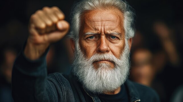 Elderly Activist Raising Fist in Solidarity and Defiance