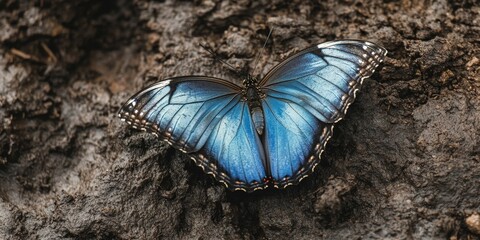 Gentle blue butterfly of various shades resting on a muddy ground, showcasing the beauty of nature and the delicate elegance of a gentle blue butterfly amidst earthy tones.
