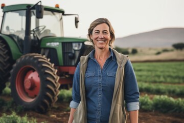 Smiling middle aged female farmer standing next to tractor on field