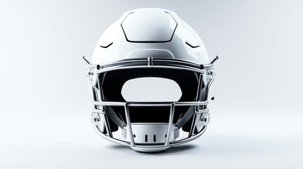 Front view of a white American football helmet with a chrome facemask on a plain background, showcasing its design and protective features.