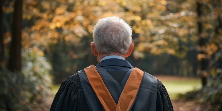 Rear view of an elderly man wearing a graduation gown, showcasing his achievement in education. The graduation gown signifies a significant milestone in the elderly man s life journey.