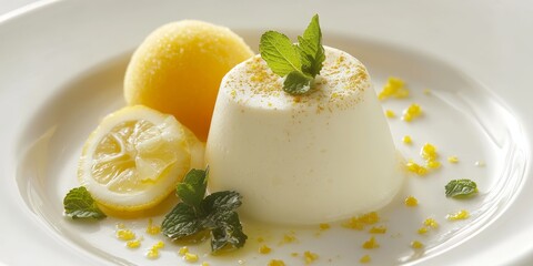 Fototapeta premium Delightful vanilla panna cotta served alongside zesty lemon sorbet and fresh mint, creating a perfect balance of flavors for a refreshing dessert experience featuring panna cotta.