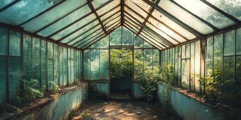 Semi abandoned greenhouse featuring rusty metal window frames, showcasing the intriguing beauty of decay in glass structures. The greenhouse s semi abandoned state adds to its unique charm.