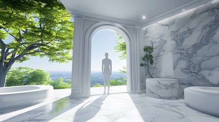Fototapeta premium Person standing at the threshold of an open door, looking at a clear sky. 