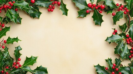 Traditional holly border with red berries and green leaves, framing a cream background.