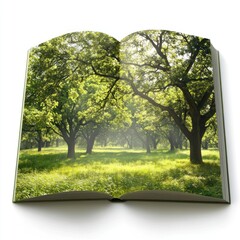 Obraz premium An open book displaying a serene forest scene with lush trees and sunlight filtering through.