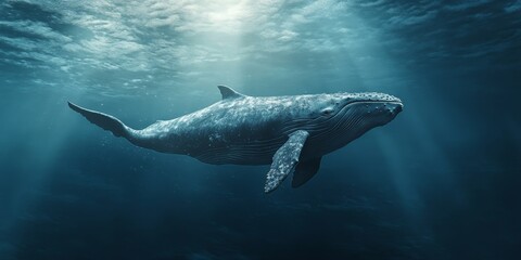 Fototapeta premium Whale swimming gracefully along the coast, showcasing the beauty of marine life and the serene environment. Discover the mesmerizing sight of a whale swimming in its natural habitat.