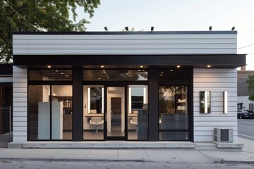 Modern hair salon exterior design with open seating area