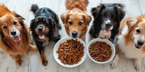 Top view of a group of dogs sitting around a bowl of dry food and looking up. Pet food and treats.