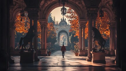 Obraz premium Person walking through a door into a bright, problem-free landscape. 