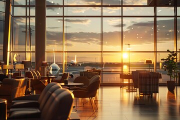 Elegantly furnished airport lounge with large windows