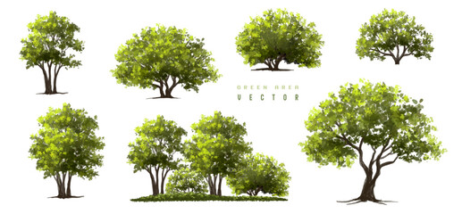 Vertor set of green tree,plants side view for landscape elevations,element for backdrop,eco environment concept design,watercolor greenery scene,shrub