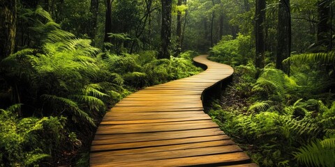 Wooden path surrounded by lush scenery, creating a serene atmosphere for nature lovers. This wooden path invites exploration and relaxation in a tranquil environment.