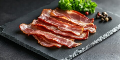 Smoked bacon slices beautifully displayed on a neutral grey background, highlighting the rich textures and enticing colors of the smoked bacon. Perfect for food related themes featuring smoked bacon.