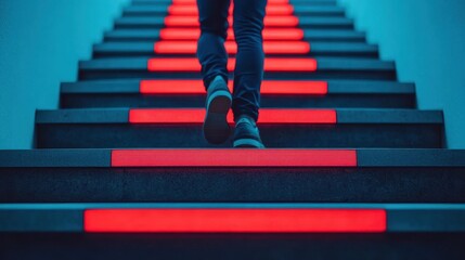 Obraz premium Person Walking Up Illuminated Stairs Featuring Striking Red Lighting with a Modern Architectural Design, Creating a Futuristic Ambiance in a Public Space