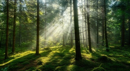 Fototapeta premium Majestic sunlight piercing misty trees