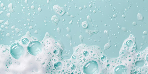 Soapy water surface on light blue background. Top view of white foam and bubbles.