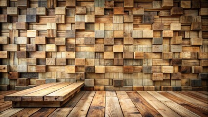Rustic wooden wall background with a wooden platform in front of it, showcasing a natural and earthy aesthetic for product displays or design inspiration.