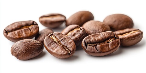 Obraz premium Coffee beans isolated on a white background, showcasing the rich aroma and essence of coffee beans. This closeup highlights coffee beans as a fundamental ingredient for a delightful drink.