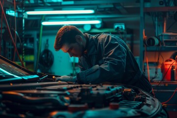 Technician of a car mechanic repairing a car