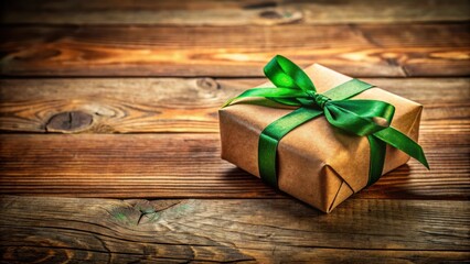 Naklejka premium A simple brown gift box tied with a green ribbon on a rustic wooden surface.
