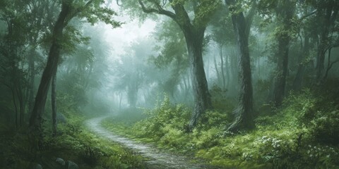 Fototapeta premium Misty spring forest featuring a serene path invites exploration. Experience the charm of the misty spring forest as you wander along the winding path through lush greenery.