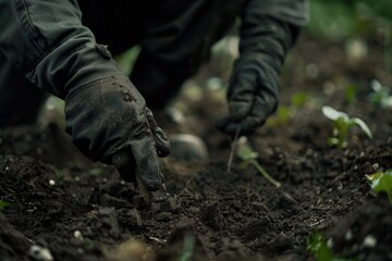 Hands preparing soil for planting