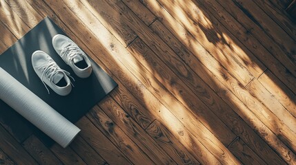 Minimalist Fitness Dedication - Top-Down View of Yoga Mat, Sneakers, and Water Bottle on Wooden Floor with Negative Space and Spacious Composition