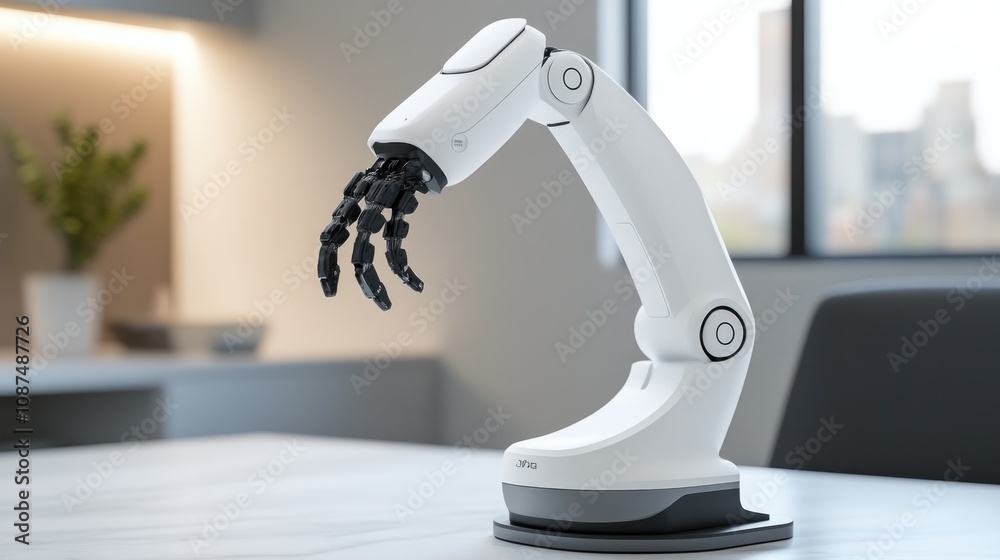 Poster white robotic arm with black hand rests on table