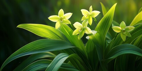 Obraz premium The vibrant green leaves of the orchid flower are large and wide, beautifully illuminated by the morning light, showcasing the stunning green hues that enhance the orchid s appeal.