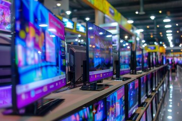 Modern flatscreen TVs for sale in electronic store