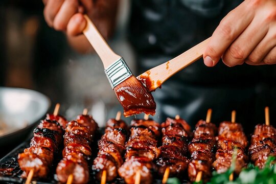 Grilling skewers with rich marinade at an outdoor barbecue in the warm evening light. Generative AI