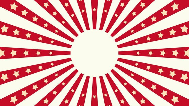 Circus animated rotation looped background of red and white stripes with stars. Retro motion graphic sun beam ray. Fun fair burst.