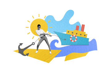 Picture drawing collage of sailor guy lady with strength pull port ship on coastline island