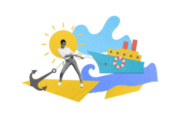 Picture drawing collage of sailor guy lady with strength pull port ship on coastline island